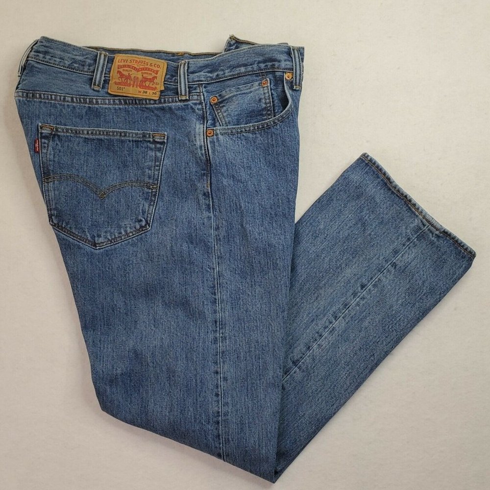 Levis 501 Button Fly Jeans 38x30 Mens Red Tab 5 Pockets Medium Wash Cotton Denim